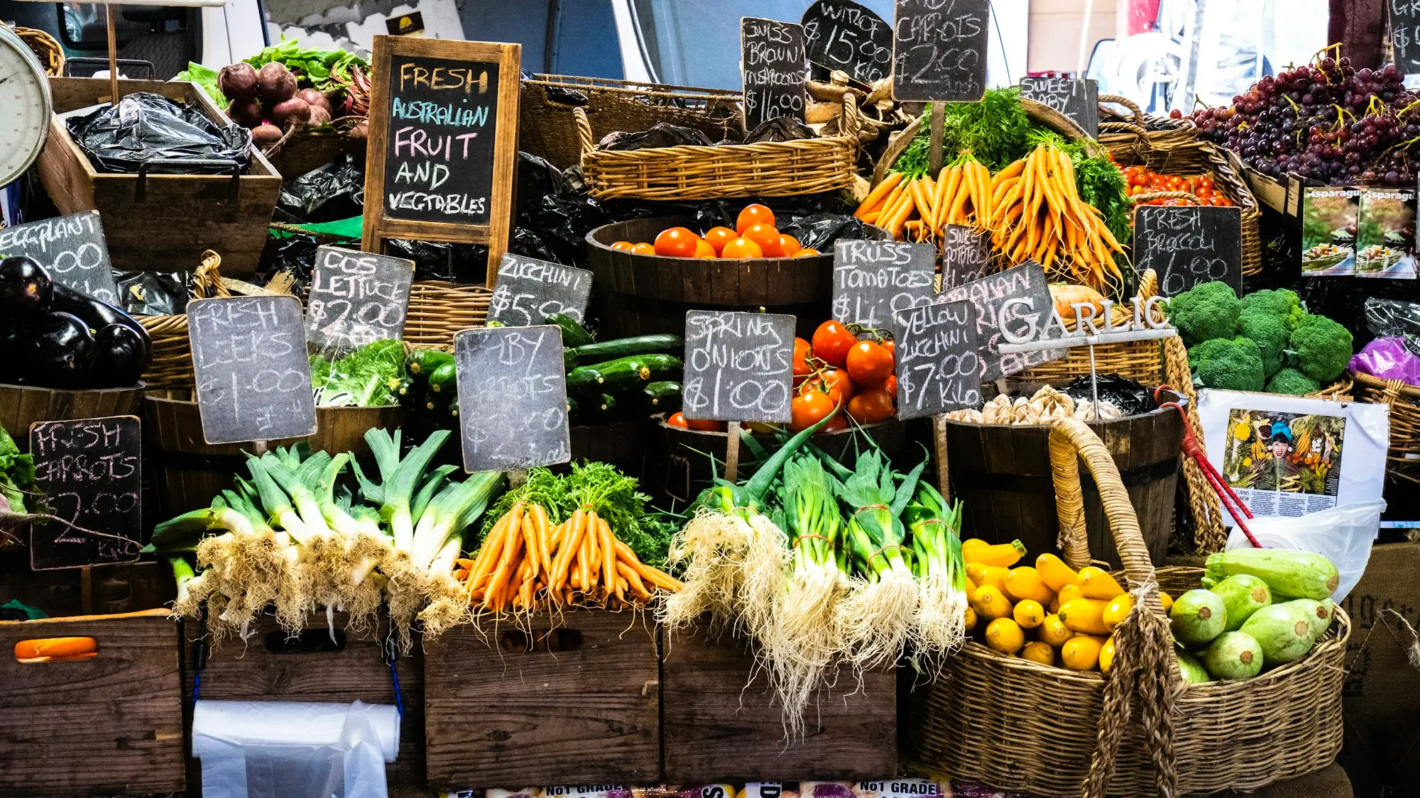 Fresh produce stacked high at a stall in Queen Victoria Market, Melbourne
